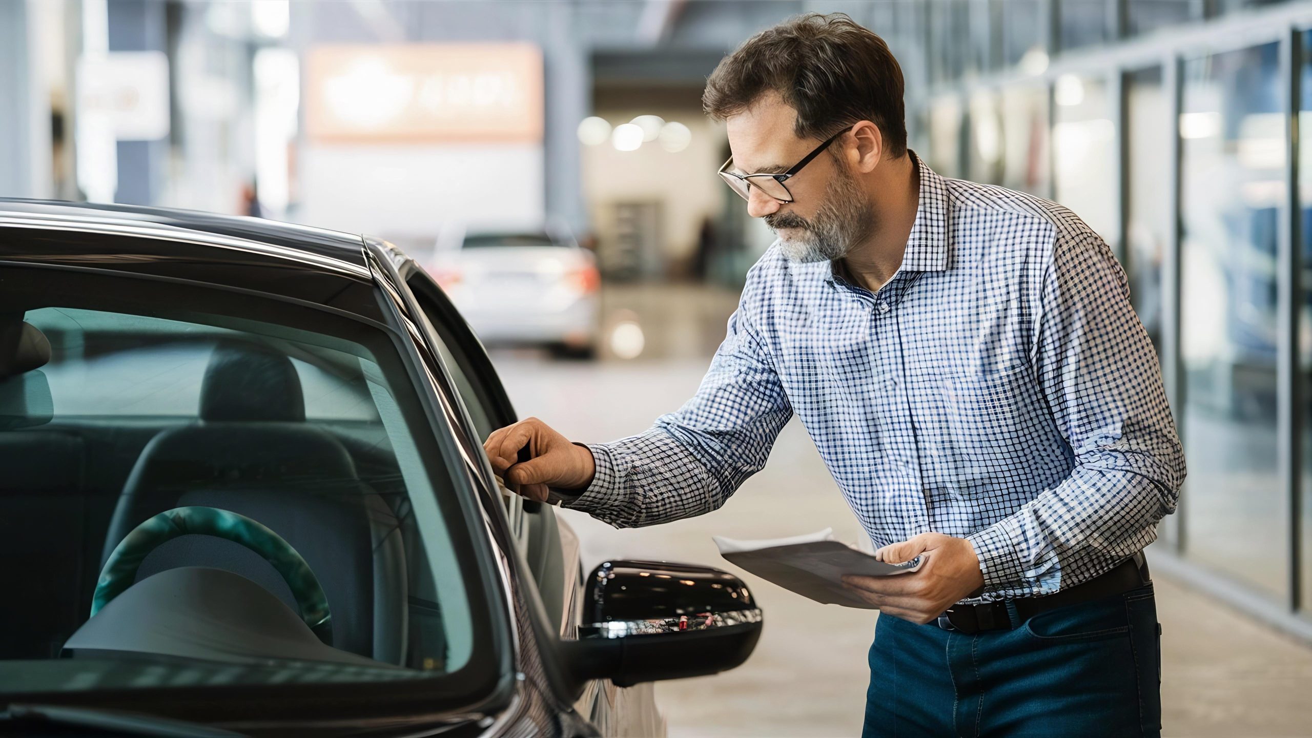 A man inspecting a vehicle to ensure that it is in good working condition.